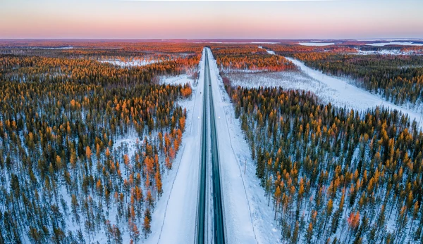 Vista aérea de una carretera recta entre bosques nevados y lagos.