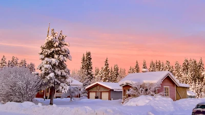 Casas de madera y abetos nevados bajo un cielo rosado al atardecer