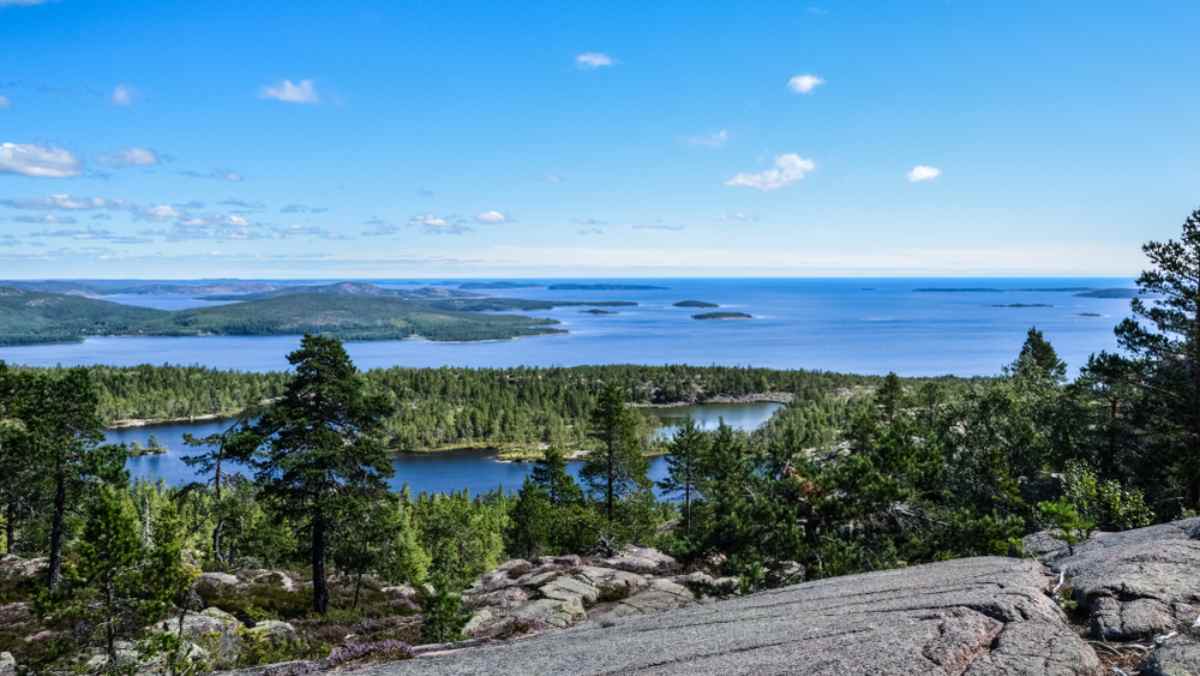Utsikt över Höga Kustens granitklippor, skogar och öar – klassisk vandrings- och fotopunkt längs en roadtrip i Sverige.