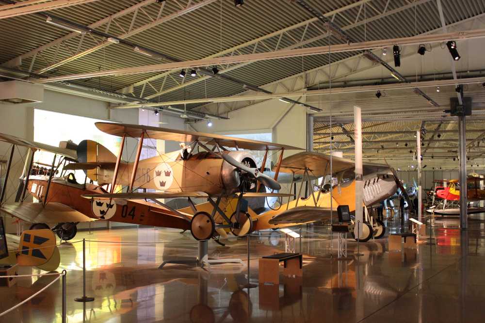 Detailed plan of one of the areas of the Swedish Air Force Museum in Linköping with several light aircraft on display, lined up in a row.