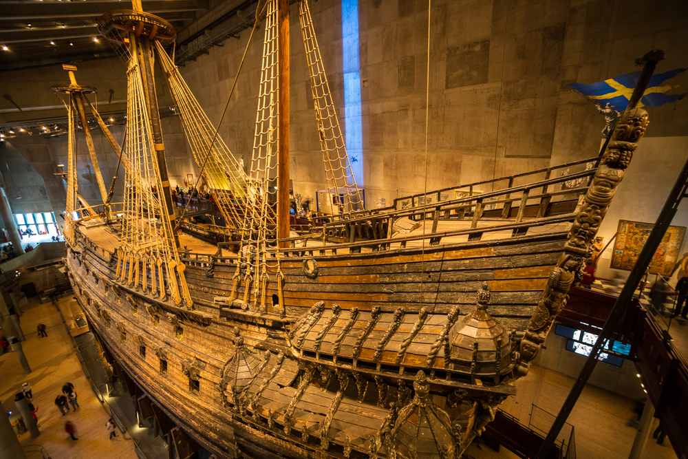 General view of a wooden ship on display at the Vasa Museum in Stockholm.