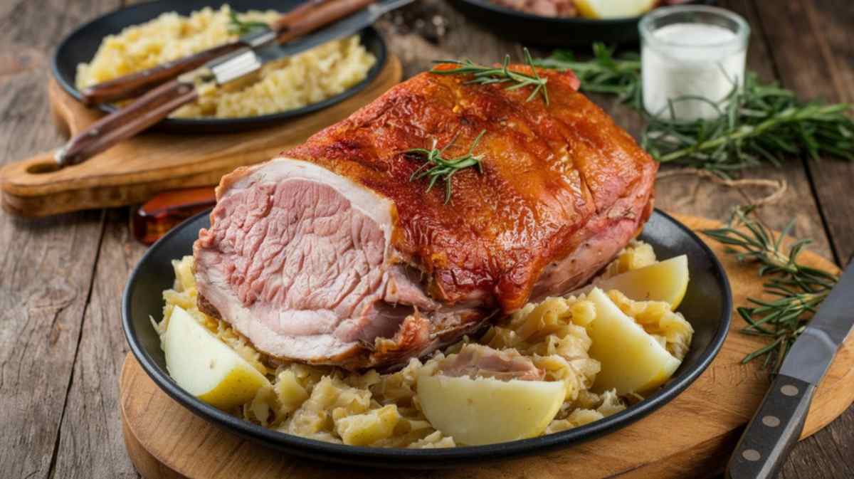 Traditionell svensk rätt med ugnsstekt fläsk, potatis och kål serverad på ett rustikt träbord i Värmlands län.