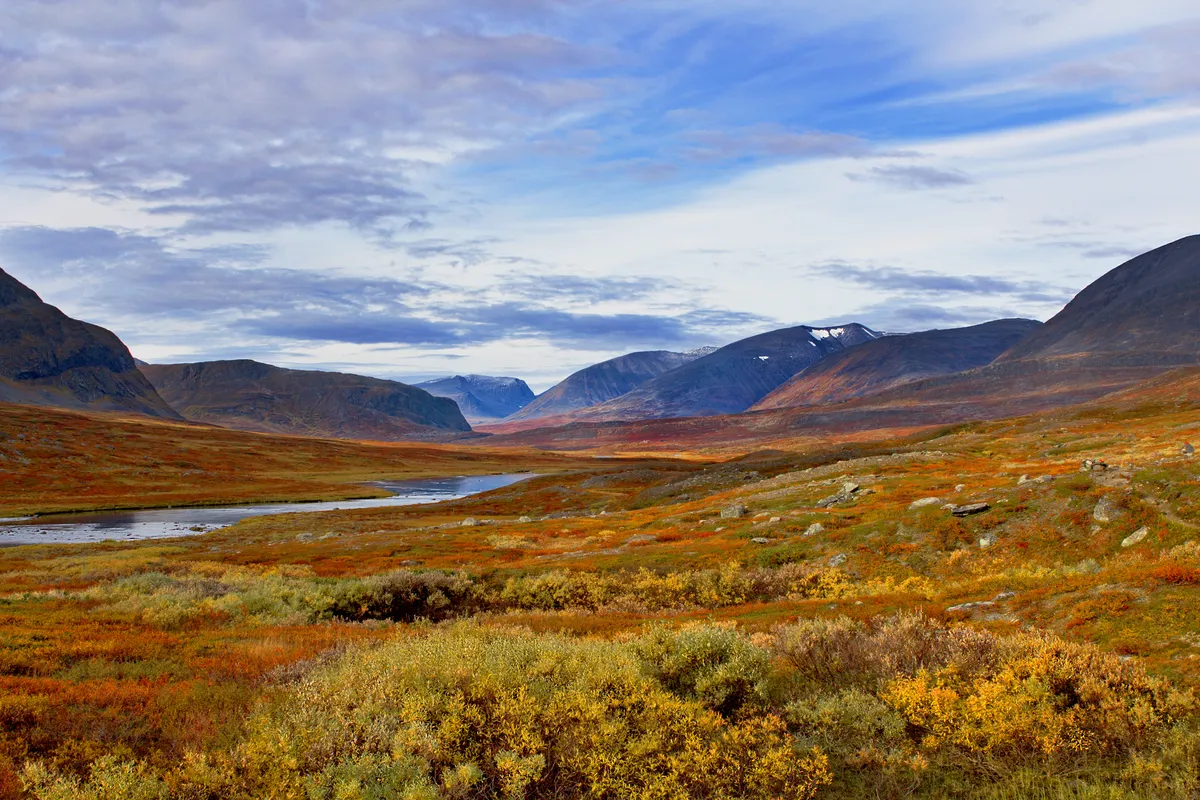 Handlös utsikt över Kungsleden med höga berg och frodig grönska