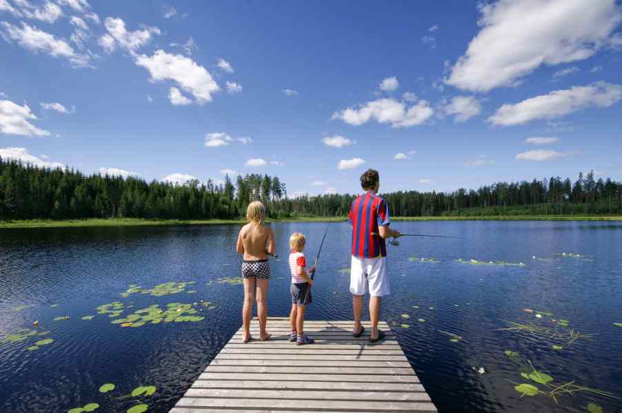 En familj med en pappa i blå och vit skjorta och unga barn fiskar på en träbrygga framför en svensk sjö.