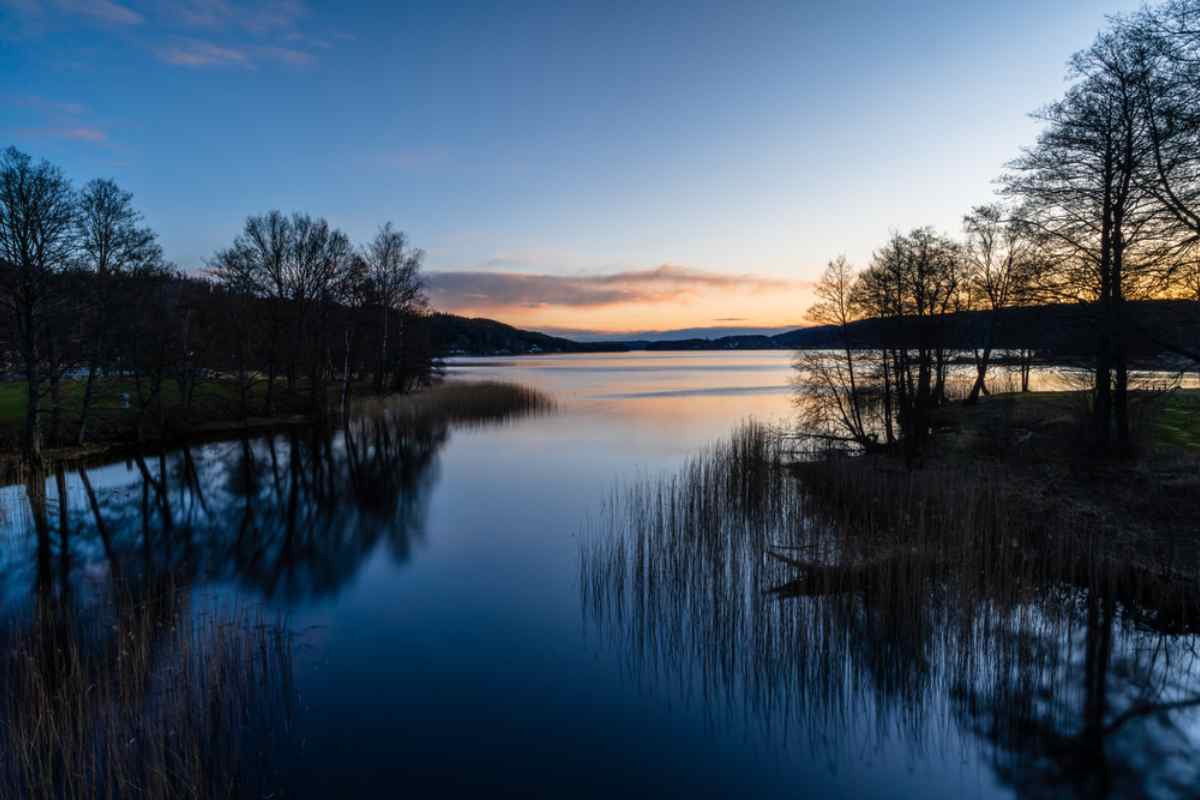 Tyst sjö nära Borås i skymningen, med vass och trädens siluetter speglade i vattnet.
