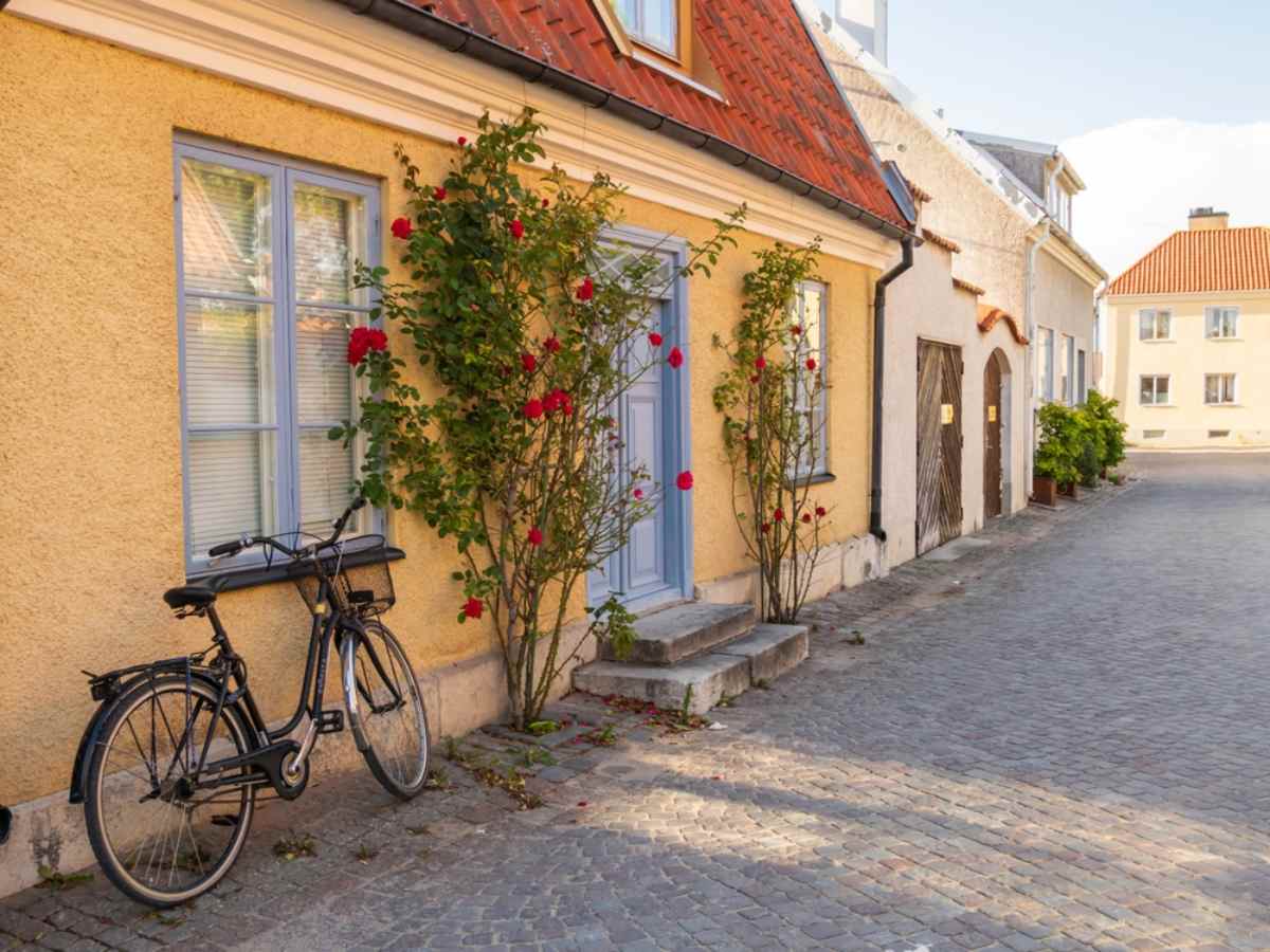 Charming cobblestone street in Visby, Gotland, with pastel houses, climbing roses, and a bicycle leaning against the wall.