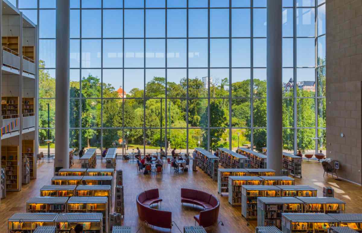 Interior of Malmo city library with walls made of glass