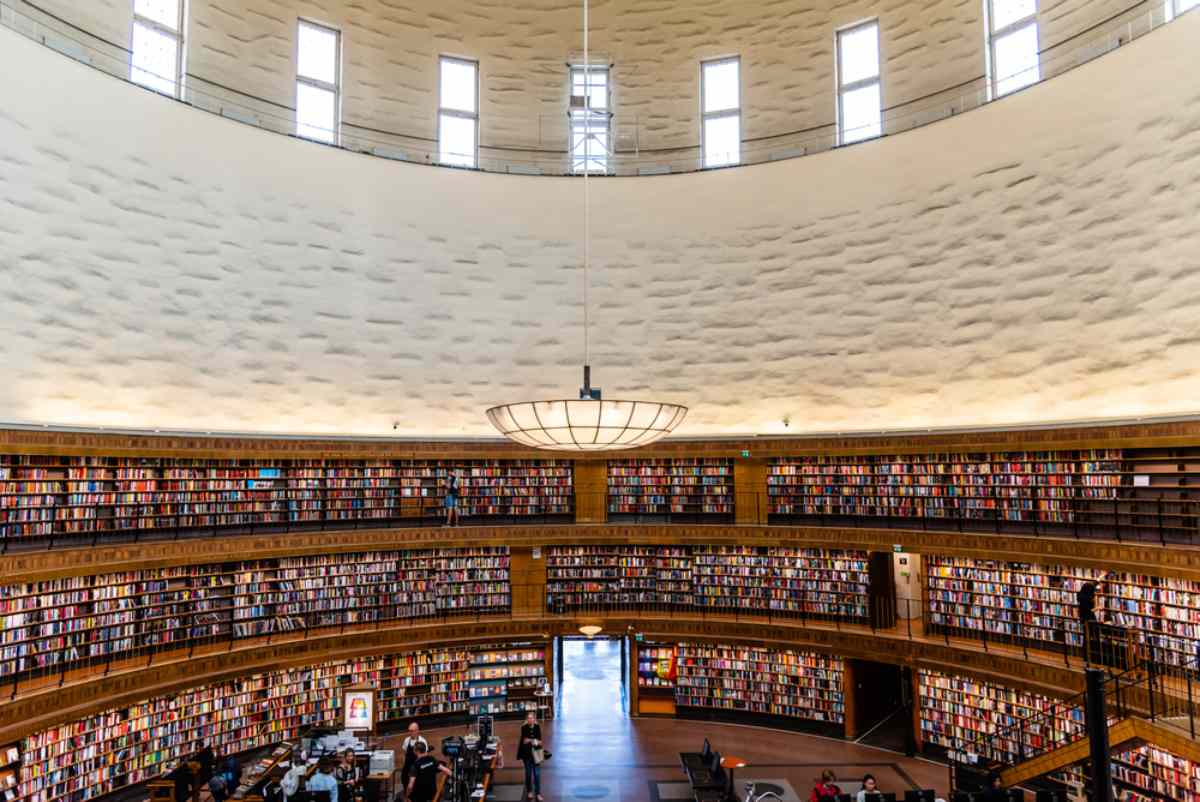 Beautiful interior of the Stockholm public library with a round cupula