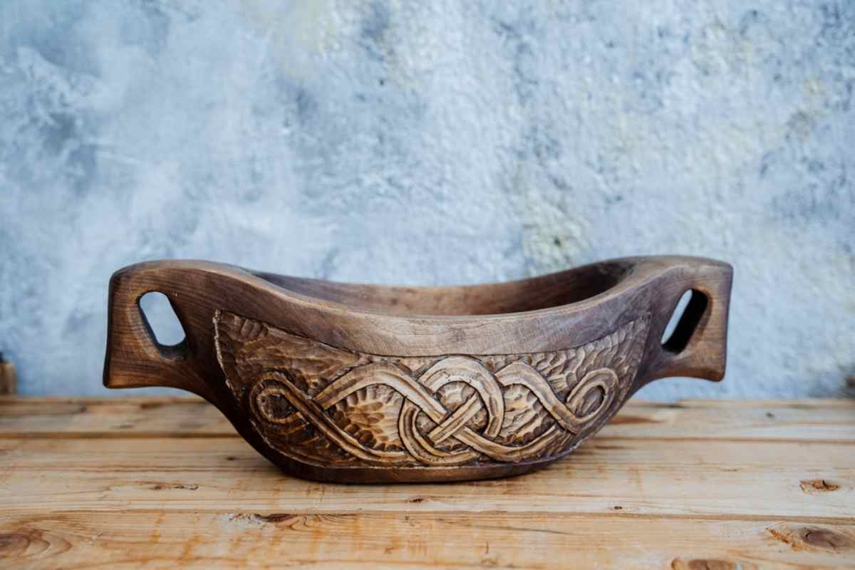 Wooden mug with Viking ornament