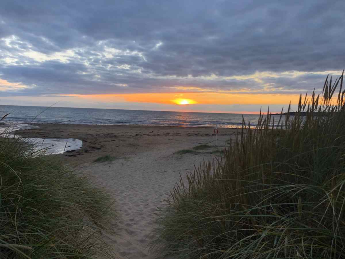 Mjuk sandstrand inramad av gräsbevuxna dyner med solen som går ner över havet vid Sveriges västkust, ett klassiskt kvällsstopp i Halland.